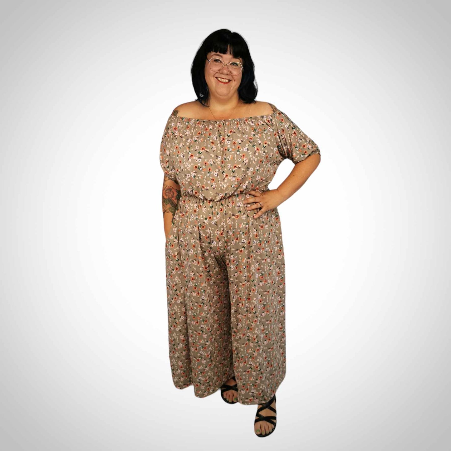 Onepiece long beige poudre à petites fleurs taille plus