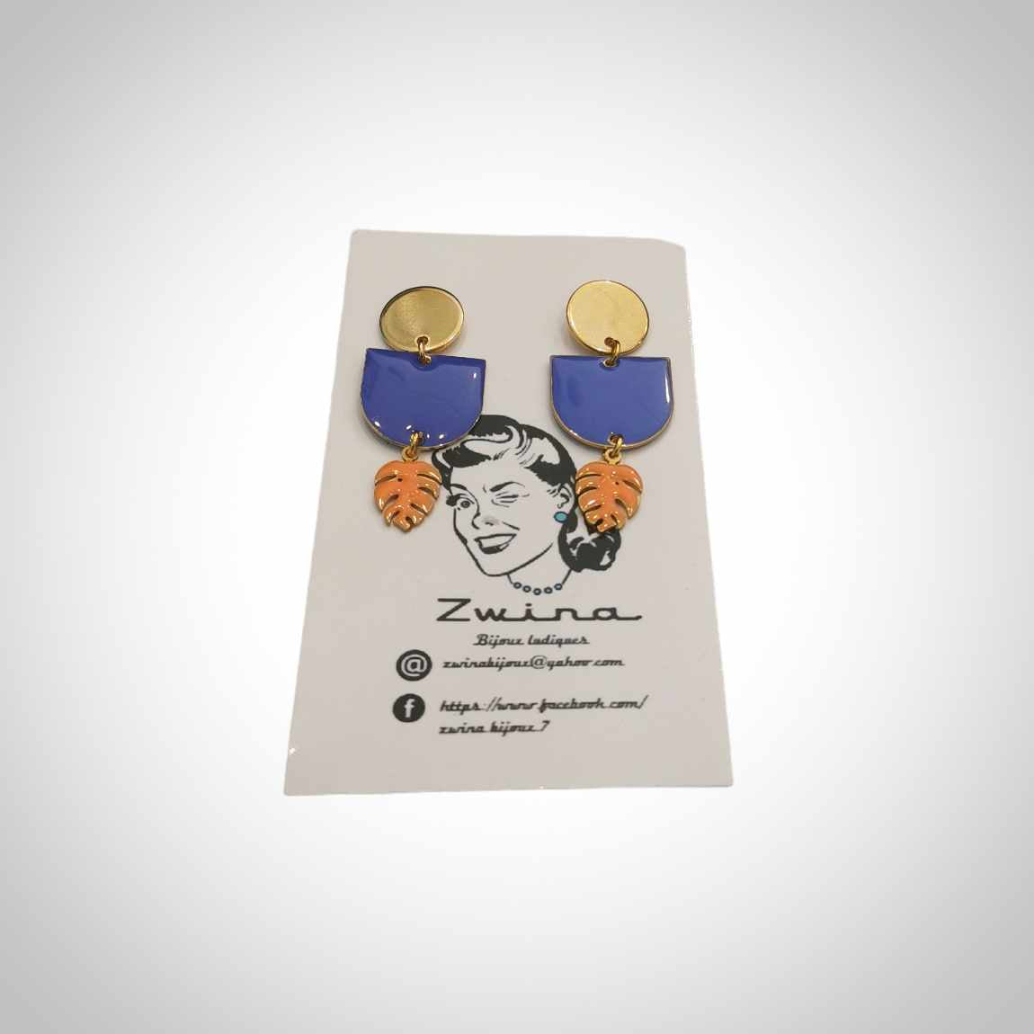 Boucles d'oreilles assemblage bleu orange et jaune