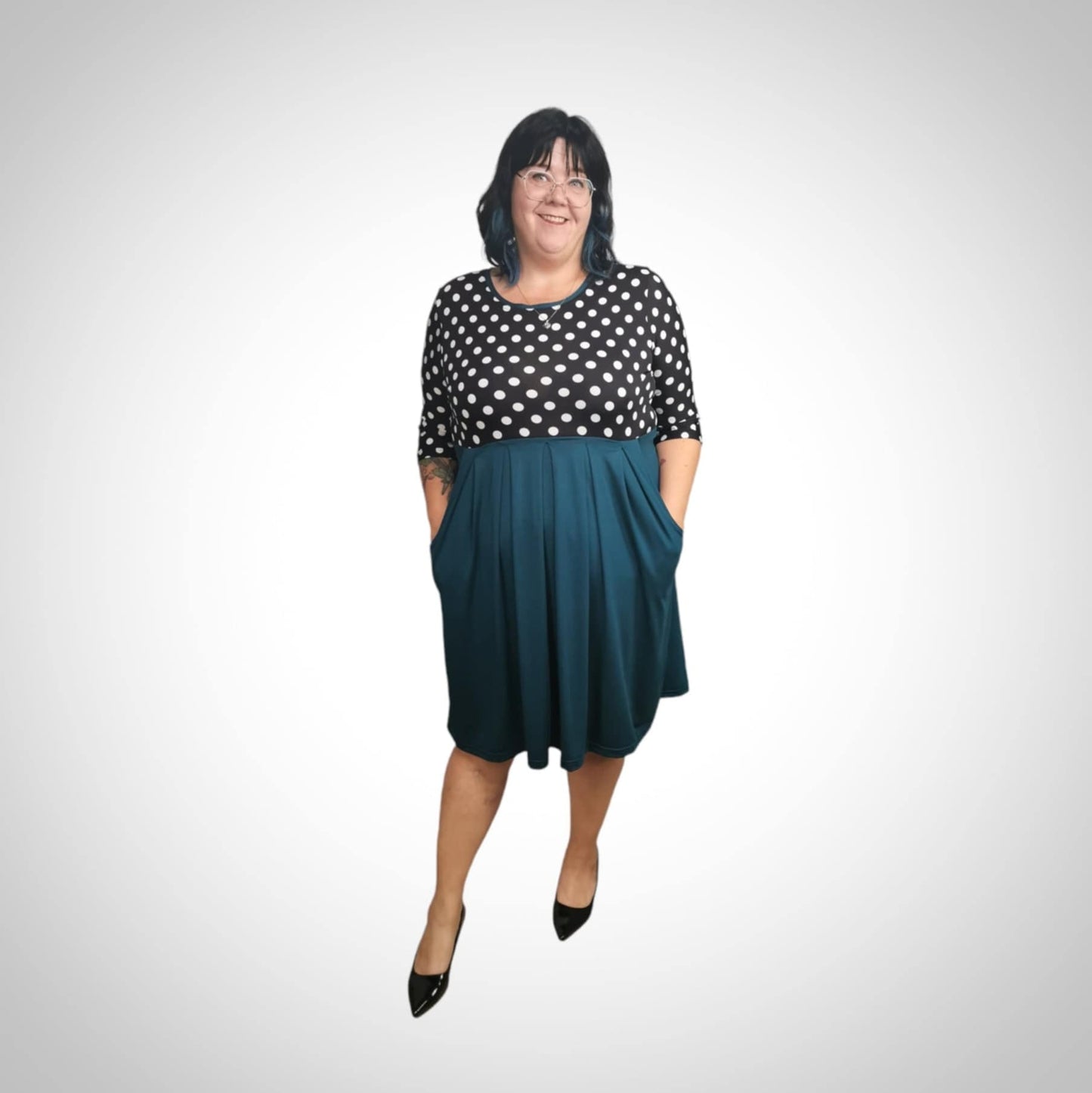 Robe taille plus avec poches 2 couleurs pois et turquoise