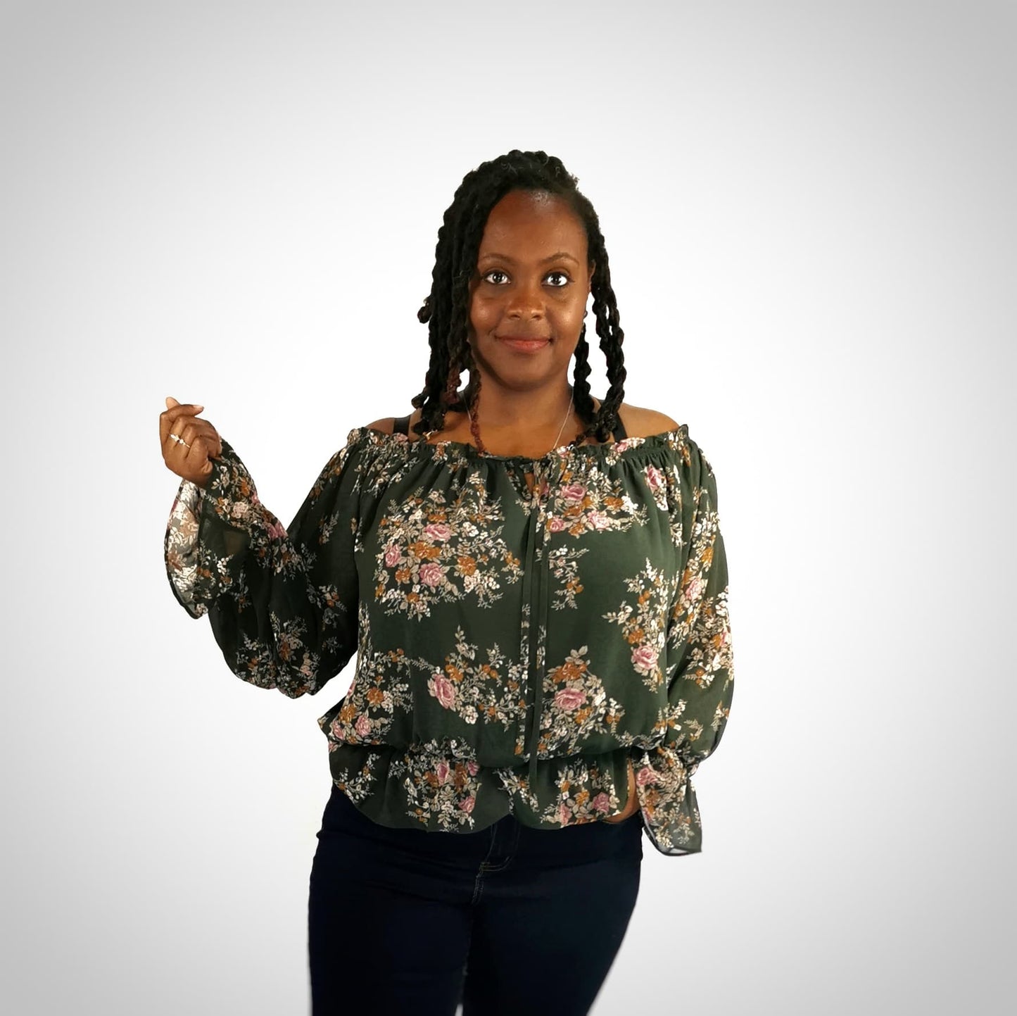 Blouse verte forêt fleurie caramel et rose