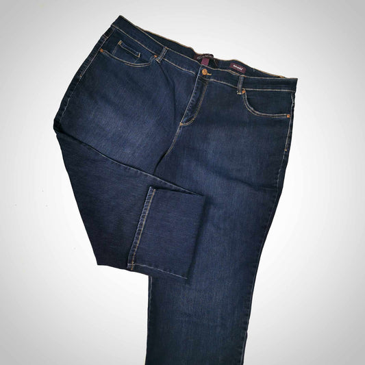 Jeans foncé bleu, jambes étroites, taille haute