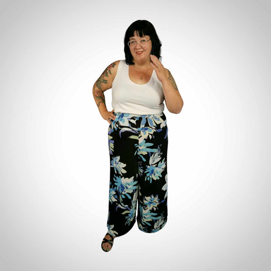 Pantalon taille plus palazo fleuri bleu