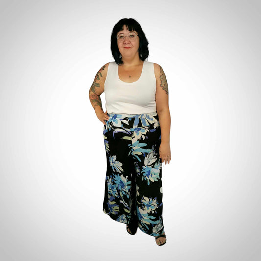 Pantalon taille plus palazo fleuri bleu