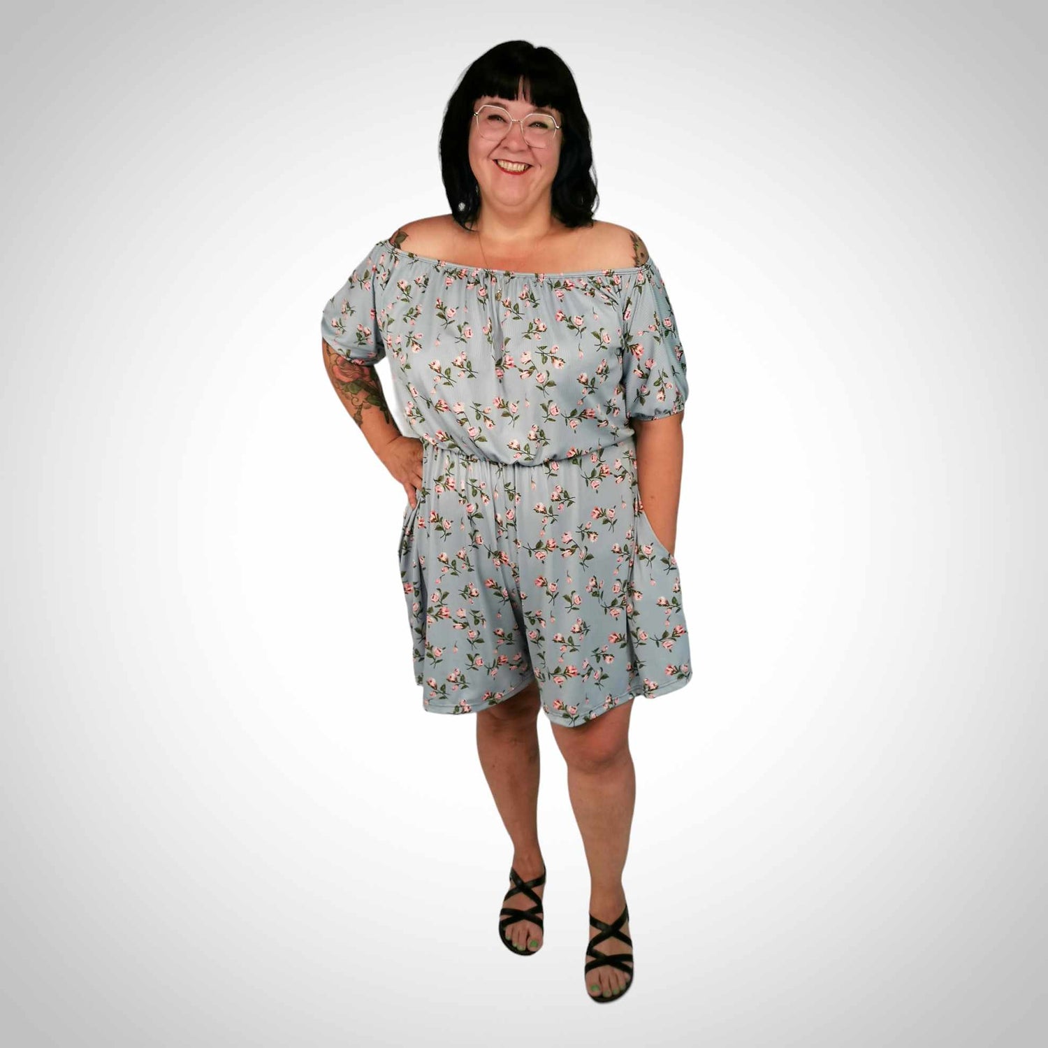 Onepiece short bleu poudre à petites fleurs taille plus