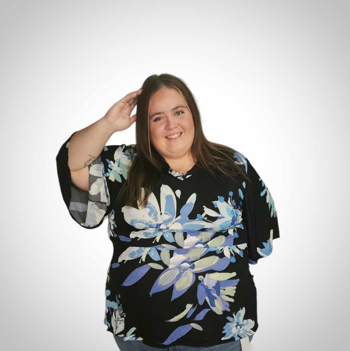 Chandail col en V fleuri bleu 5-6XL