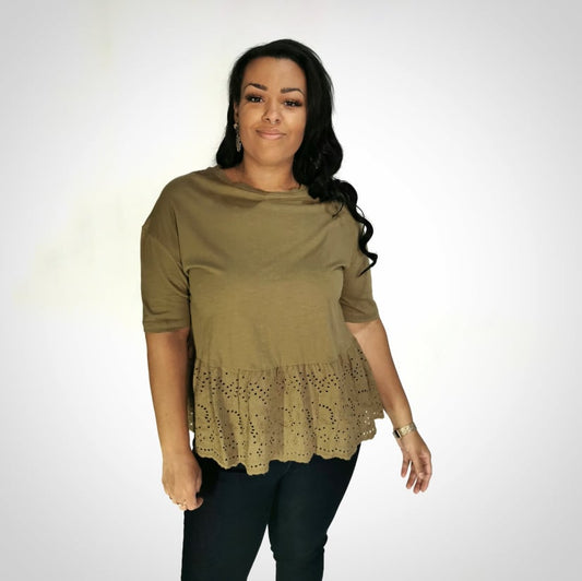 Khaki T-shirt with lace at the bottom