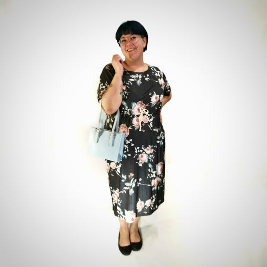 Ultra-comfortable gray floral dress