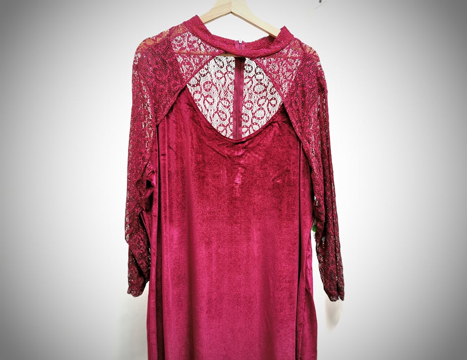 Velvet dress with lace sleeves